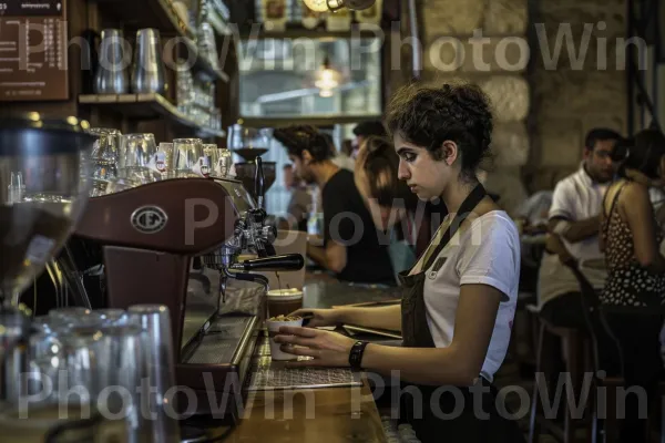 בריסטה מכין קפה בבית קפה תל אביבי, ממדינת ישראל. כלי שולחן, מתקן שתייה, לחלות