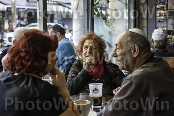 קבוצת חברים נהנית מקפה בבית קפה, ממדינת ישראל. בגדים עליונים, בן אנוש, צרכן