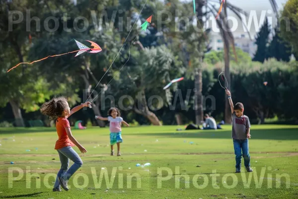 ילדים מעיפים עפיפונים בפארק שטוף שמש בחיפה, ממדינת ישראל. ירוק, עֵץ, צַעֲצוּעַ