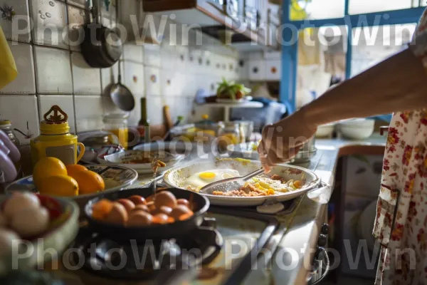 טבח מכין ארוחת בוקר ישראלית מסורתית, ממדינת ישראל. מזון, מַרכִּיב, בישול