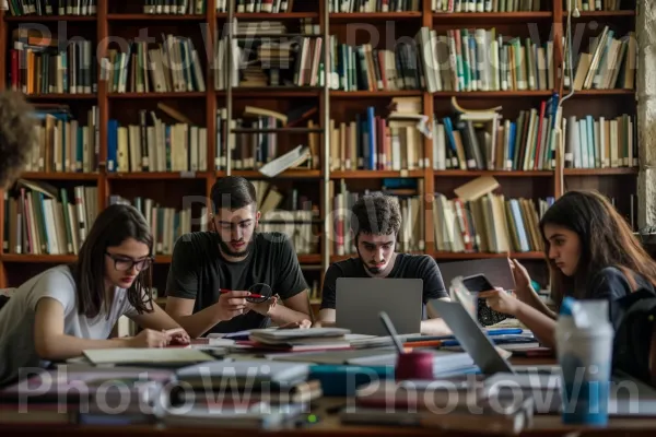 קבוצת סטודנטים הלומדים יחד בספרייה, ממדינת ישראל. תַצלוּם, מַחשֵׁב, סֵפֶר