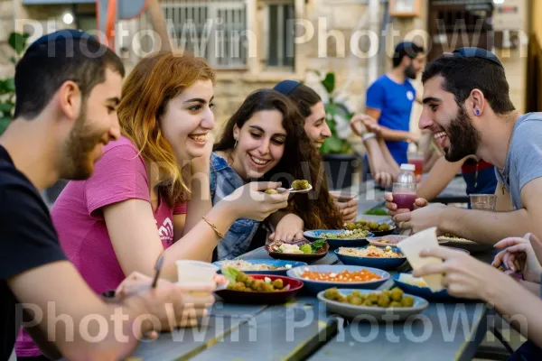 קבוצת חברים נהנית יחד מארוחת חומוס ופלאפל ממדינת ישראל. יד, שולחן, שיתוף