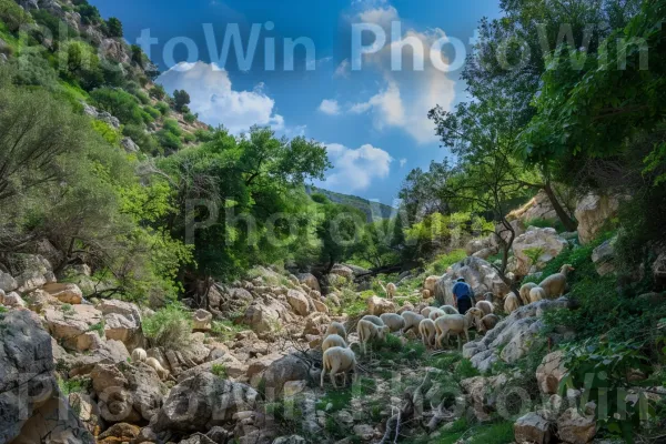 רועה צאן מוביל את עדרו בהרים, ממדינת ישראל. שָׁמַיִם, נוף טבעי, סלע יסוד