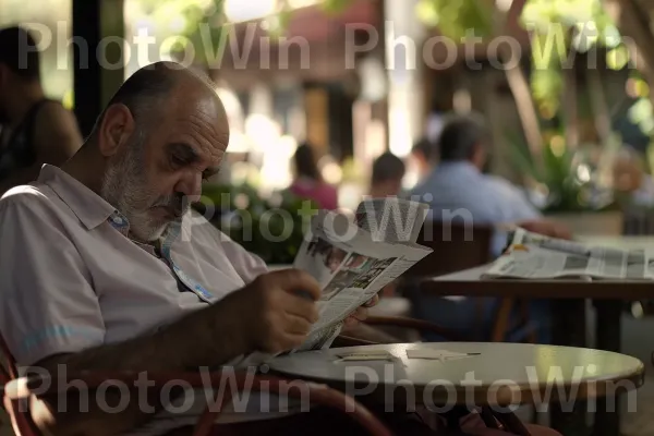 איש קורא עיתון בבית קפה, ממדינת ישראל. שולחן, שולחן חיצוני, אֲנָשִׁים