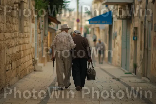 זוג מבוגרים מטייל ברחובות יפו, זכרונות משותפים, ממדינת ישראל. פני הכביש, עוֹמֵד, מדרכה