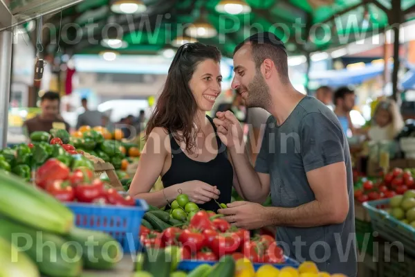 קניות זוגיות בשוק מקומי, ממדינת ישראל. חיוך, מוכר, מזונות טבעיים