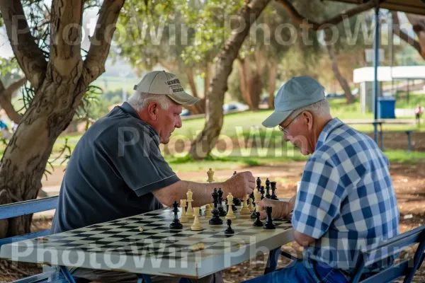 גברים מבוגרים משחקים שחמט בפארק, ממדינת ישראל. יד, שולחן, כובע