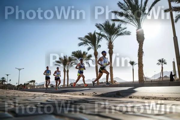 ספורטאים מתחרים במרתון באילת, ממדינת ישראל. שָׁמַיִם, דקלאים, צמח עצי