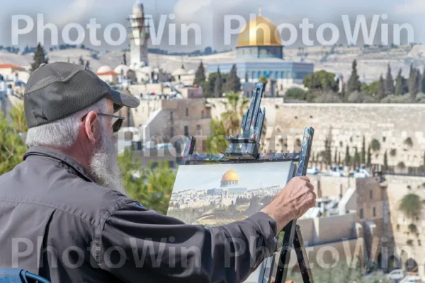 אמן המצייר את הנוף העירוני של ירושלים בהשראת ההיסטוריה, ממדינת ישראל. יד, שָׁמַיִם, מחווה