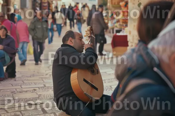 מוזיקאי רחוב מנגן עוד ביפו העתיקה, ממדינת ישראל. גִ\'ינס, מכנסיים, מוּסִיקָאִי