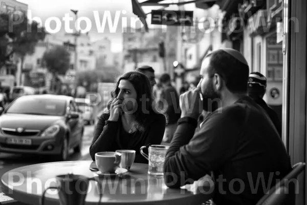 זוג לוגם קפה בבית קפה טרנדי בתל אביב, ממדינת ישראל. כלי שולחן, אוטו, רכב