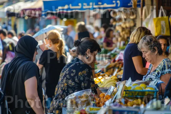 נשים קניות בשוק השוקק, ממדינת ישראל. מזון, מוכר, שׁוּק