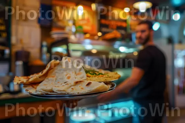 בריסטה מגיש חומוס ופיתה טעימים ממדינת ישראל. מזון, כלי שולחן, שולחן