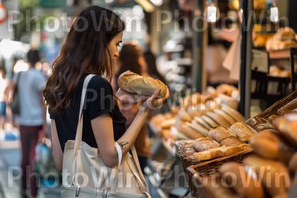 אישה קונה לחם טרי, נהנית מהריח והטעם, ממדינת ישראל. עִיר, מִטְבָּח, צרכן