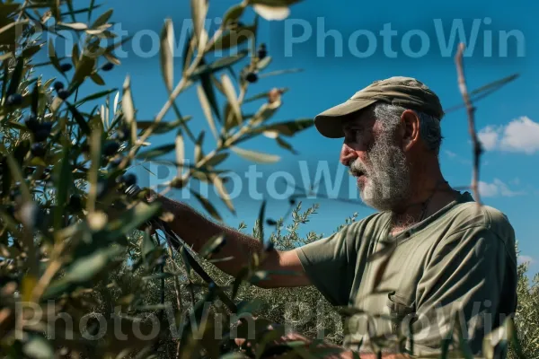 חקלאי מטפל במטע הזיתים שלו בגליל, ממדינת ישראל. שָׁמַיִם, עלה, צמח