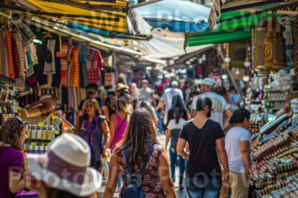 נשים קניות בשוק השוקק, ממדינת ישראל. חוּלצָה, מוכר, כובע