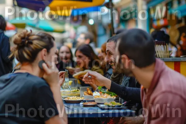 חברים חולקים ארוחה בשוק שוקק חיים, ממדינת ישראל. הַלבָּשָׁה, מזון, שולחן