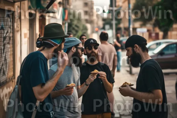 קבוצת חברים חולקים פלאפל ברחוב, ממדינת ישראל. יד, משקפיים, פדורה