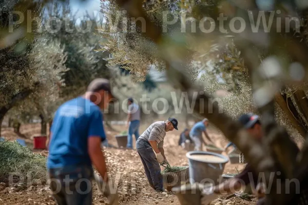 חקלאים קוטפים עצי זית עתירי מסורת, ממדינת ישראל. פְּנַאִי, כובע, נוֹפֶשׁ