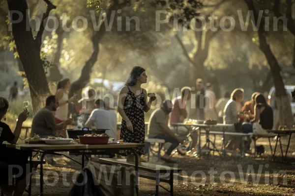 חברים מתכנסים למנגל בפארק, ממדינת ישראל. אַטמוֹספֵרָה, עץ, אוֹר שֶׁמֶשׁ