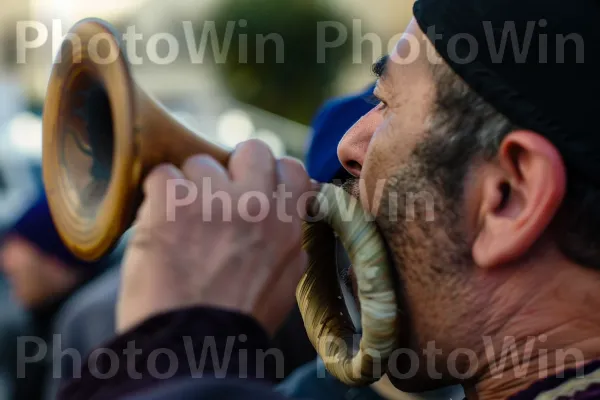 איש תוקע בשופר בחגיגה יהודית חגיגית ממדינת ישראל. זָקָן, מוּסִיקָאִי, כובע