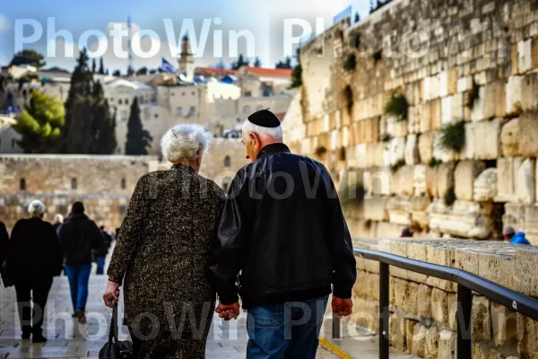 זוג קשישים צועדים יד ביד, מעלים זיכרונות מהרפתקאות העבר, ממדינת ישראל. שָׁמַיִם, ענן, בִּניָן