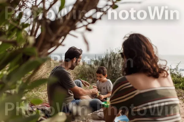 משפחה נהנית מפיקניק בחוף הים בתל אביב, ממדינת ישראל. שָׁמַיִם, שַׂמֵחַ, דֶשֶׁא