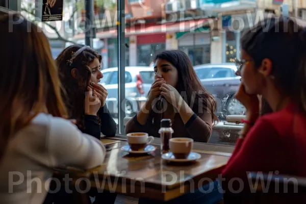 נשים מרכלות על קפה בבית קפה תל אביבי, ממדינת ישראל. שולחן, אוטו, משקפיים