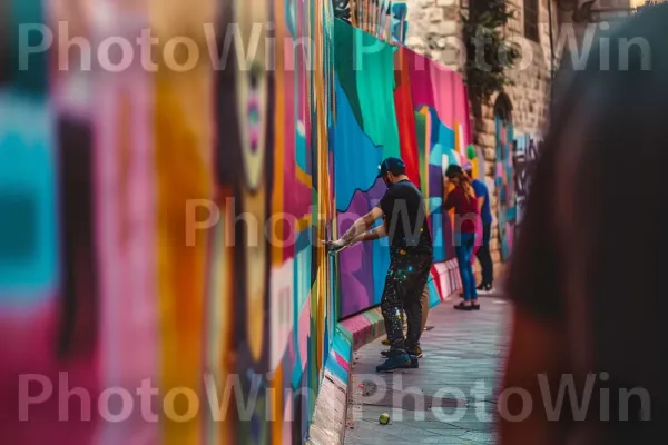 אמנים מציירים ציורי קיר צבעוניים על קירות תל אביב, ממדינת ישראל. צֶבַע, וָרוֹד, אומנות