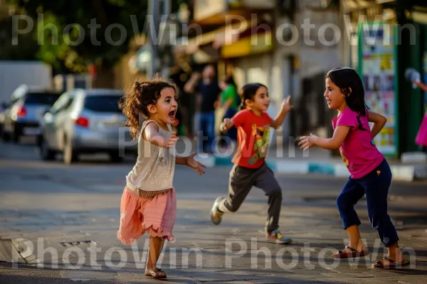 ילדים משחקים ברחובות תל אביב, ממדינת ישראל. שַׂמֵחַ, מחווה, מִכְנָסַיִים קְצָרִים