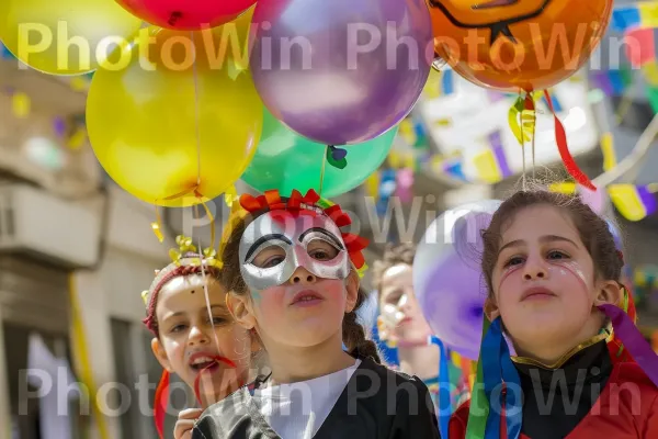 תלמידי בית ספר חוגגים את פורים בתחפושת, ממדינת ישראל. תַצלוּם, לבן, שַׂמֵחַ