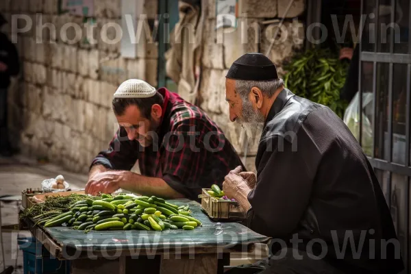 חנוונים מוכרים תוצרת טרייה בשוק בצפת ממדינת ישראל. בית המקדש, צמח, יַרקָן