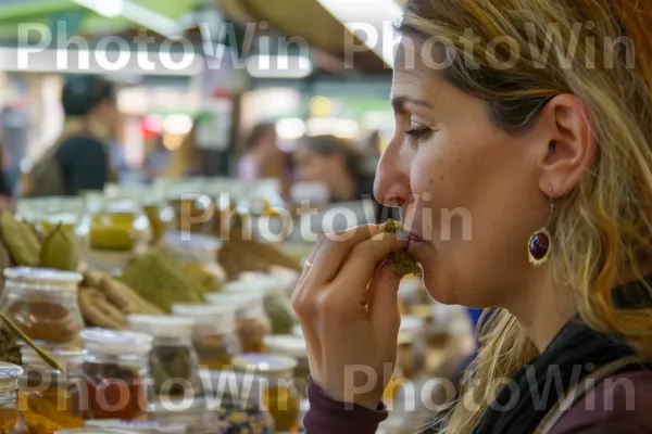 טעימת תבלינים אקזוטיים בשוק הכרמל, ממדינת ישראל. רִיס, כלי שולחן, אירוע