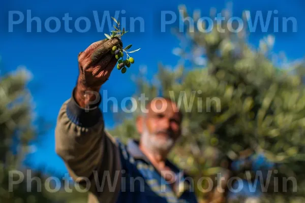 חקלאי מסיק זיתים באזור הגליל, ממדינת ישראל. שָׁמַיִם, מחווה, לֶגֶשׁ