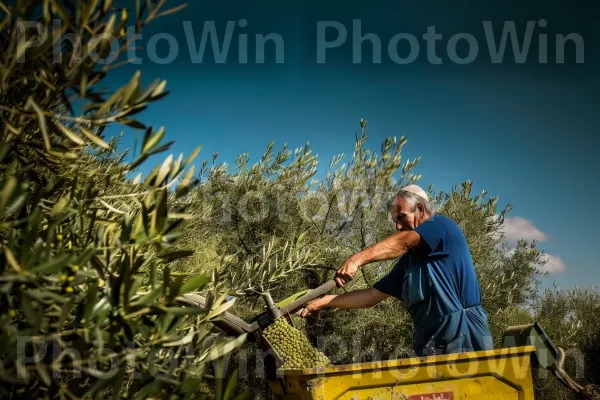 חקלאי מסיק זיתים באזור הגליל, ממדינת ישראל. צמח, אנשים בטבע, צהוב