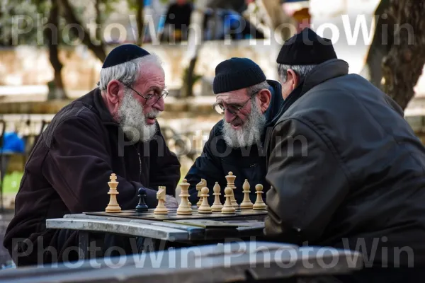 זקנים משחקים שחמט בפארק, ממדינת ישראל. כובע, ז\'קֵט, ציוד ספורט