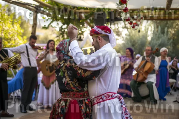 זוג רוקד בחתונה מסורתית, ממדינת ישראל. קָהָל, לִרְקוֹד, עֵץ