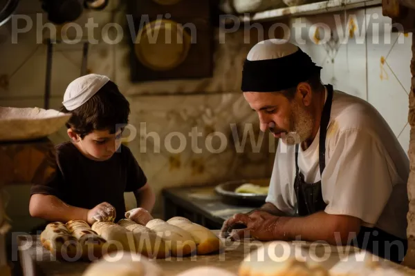 אב מלמד את בנו לאפות חלה, ממדינת ישראל. סינר, כלי שולחן, בישול