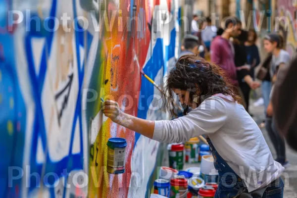 אמן רחוב מצייר ציור קיר תוסס בסמטה עירונית, ממדינת ישראל. צֶבַע, חולצה קצרה, פְּנַאִי