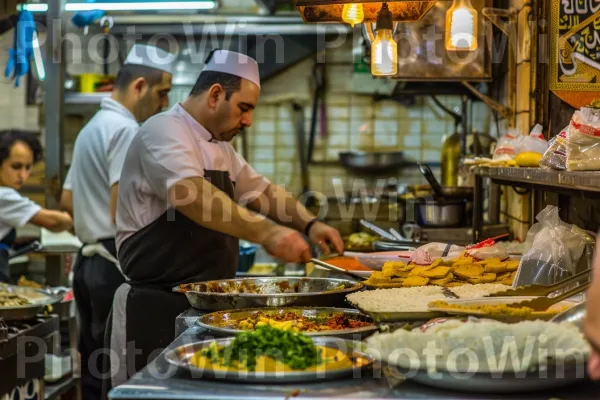 שפים מבשלים מנות ישראליות מסורתיות במסעדה ממדינת ישראל. מזון, כלי שולחן, מַרכִּיב