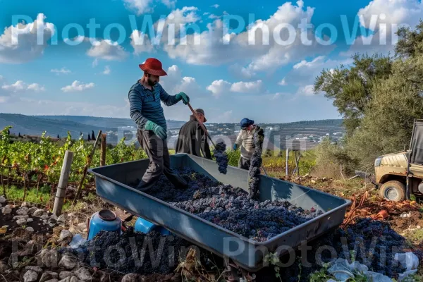 ייננים בציר ענבים בכרמי הגליל, ממדינת ישראל. ענן, שָׁמַיִם, גַלגַל