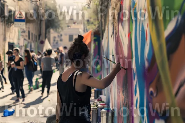 אמן רחוב מצייר ציור קיר תוסס בסמטה עירונית, ממדינת ישראל. כובע, טיול, אומנות