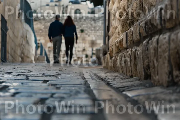 זוג מטייל ברחובותיה העתיקים של ירושלים, ממדינת ישראל. פני הכביש, עץ, קִיר