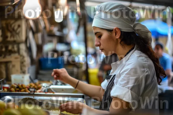 שף מכין מנות ישראליות מסורתיות, ממדינת ישראל. מרחב ציבורי, שׁוּק, בישול