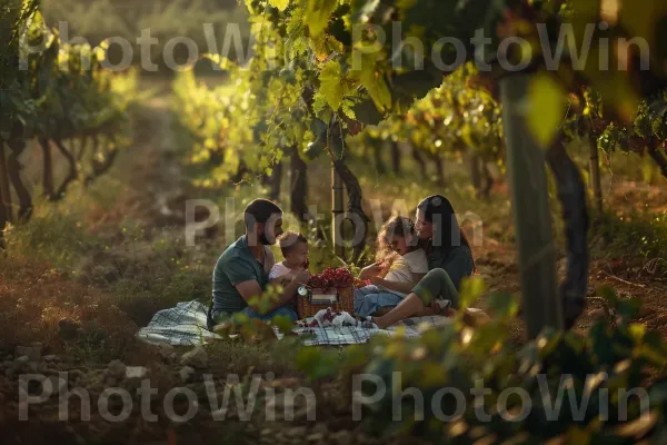 פיקניק משפחתי בכרם שופע בין גפנים, ממדינת ישראל. צמח, סביבה טבעית, נוף טבעי