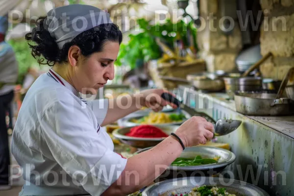 שף מכין מנות ישראליות מסורתיות, ממדינת ישראל. מזון, מַרכִּיב, בישול