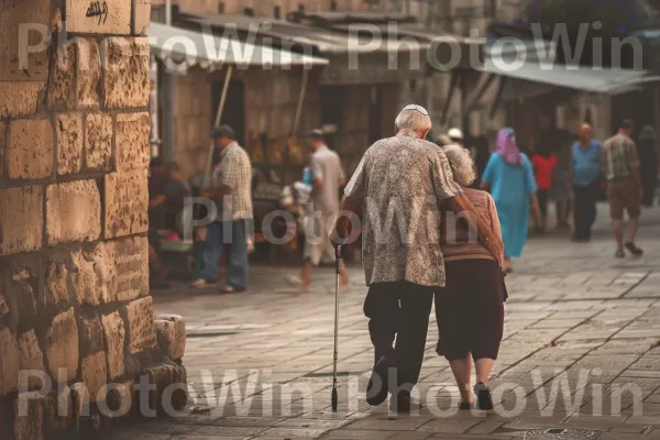 זוג מבוגרים מטייל בעיר העתיקה בעכו, ממדינת ישראל. בן אנוש, פְּנַאִי, עִיר