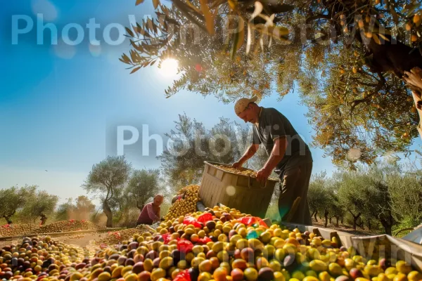 חקלאי מסיק זיתים באזור הגליל, ממדינת ישראל. צמח, אנשים בטבע, שָׁמַיִם