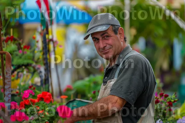 גנן מטפל בגן פרחים תוסס בנתניה ממדינת ישראל. פֶּרַח, בּוֹטָנִיקָה, כובע