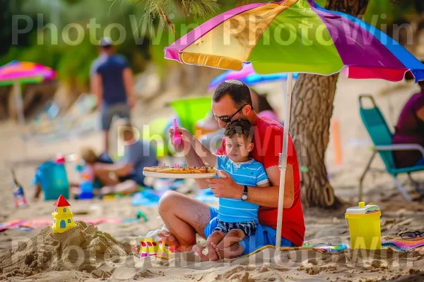 משפחה נהנית מפיקניק בחוף הים, ממדינת ישראל. אנשים על החוף, מִטְרִיָה, טֶבַע